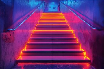 Obraz premium Bright neon-lit staircase in urban setting with vibrant colors creates captivating atmosphere