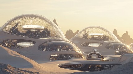 Obraz premium Futuristic Oasis Research Facility with Stacked Domes and Robotic Carts under Shimmering Sunshades in Cinematic Image