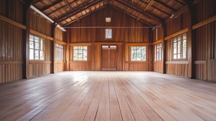 Rustic interior of an empty wooden hall with natural lighting