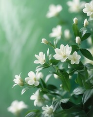 Green background with white flowers and leaves.