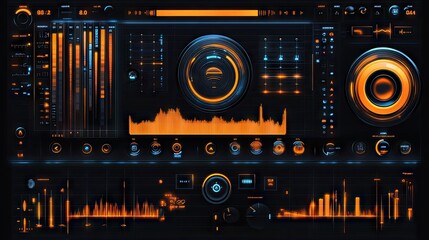 Obraz premium A futuristic heads-up display with orange and blue accents. Ideal for sci-fi games, music visualizers, or tech-themed interfaces. Offers real-time data monitoring and control.