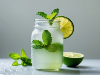Fototapeta premium Detox drink with mint and lime in a stylish jar perfect for health enthusiasts promoting wellness and refreshing hydration.