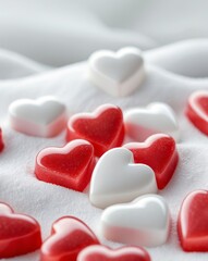 Obraz premium Delicious heart shaped candies in vibrant red and white colors.