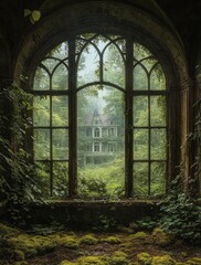 Obraz premium Overgrown mansion seen through a large arched window with natural light and greenery