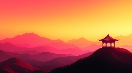 Fototapeta premium Serene Mountain Pavilion at Sunset Minimalist Landscape Duotone Vista Tranquil Environment