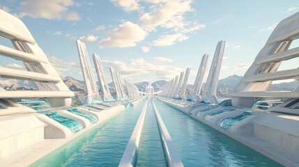 Fototapeta premium Technological Oasis: Futuristic Arab Water Channels with Advanced Energy Sources under Bright Midday Lighting - Ultra Detailed Cinematic Image