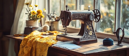 Vintage sewing machine on table near window with yellow flowers.