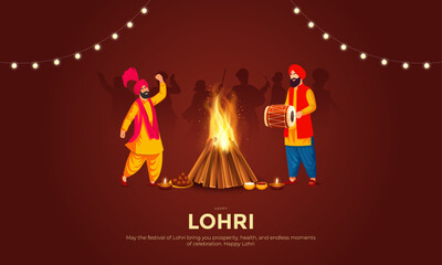 Happy Lohri Banner and Greeting Card. Festival of Punjab Lohri Celebration with Dhol and Fire Background Vector Illustration