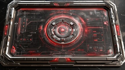 A futuristic control panel with intricate details and glowing red accents. Ideal for sci-fi interfaces or game assets.