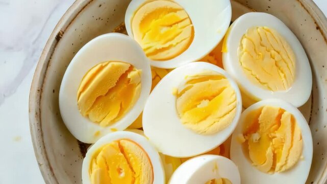 Sliced boiled eggs rotating in a bowl on marble surface