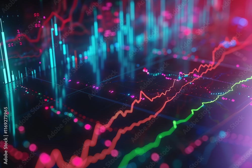 Poster dynamic stock market data visualized with vibrant lines and graphs.