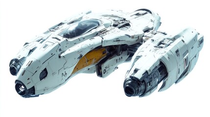 A sleek white and yellow spaceship with a central cockpit and twin engines perfect for interstellar exploration or as a futuristic fighter.