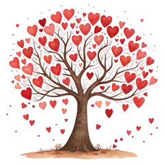 Fototapeta premium Romantic Heart Tree with Falling Leaves - Whimsical tree adorned with red heart-shaped leaves and delicate branches, surrounded by falling hearts, on a black background.