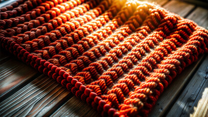 Textured knitted blanket in warm orange tones illuminated by sunlight