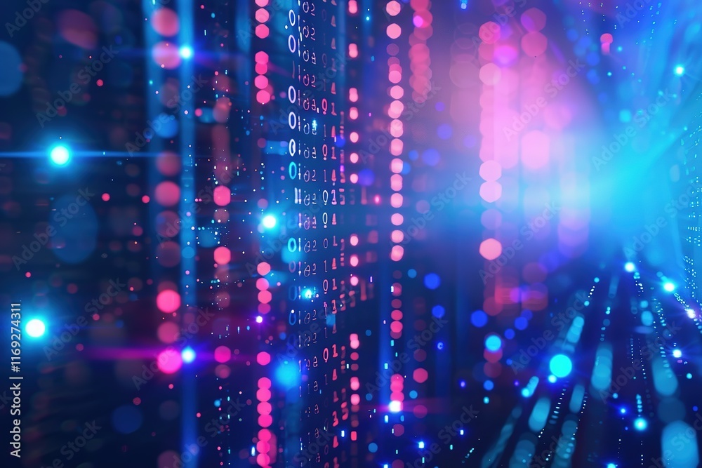 Poster abstract digital data stream, glowing particles and binary code.