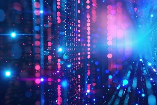 Abstract digital data stream, glowing particles and binary code.