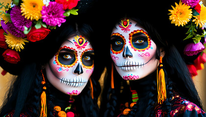 D&iacute;a de Muertos, traditioneller Feiertag zum Tag der Toten in Mexiko. Mexikanische Frauen im traditionellen Kost&uuml;m mit Blumen und Bemalungen.