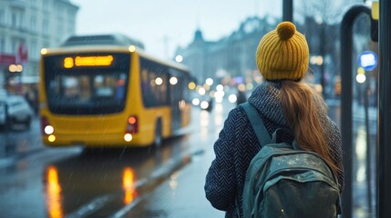 Girl in yellow hat waiting at a bus stop on a rainy day in the city