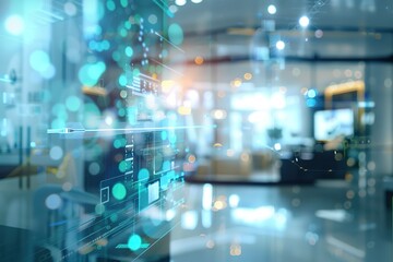 Abstract digital interface overlay on modern office background.