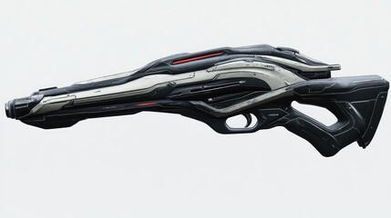 A futuristic blaster with a sleek white and black design. Ideal for sci-fi games or movies as a powerful weapon for futuristic soldiers or space pirates.