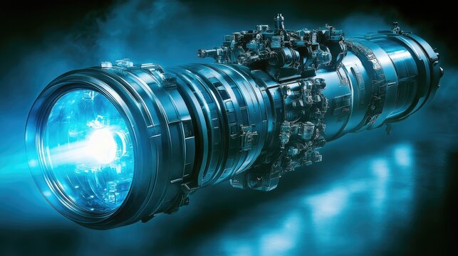A powerful futuristic engine emits a bright blue beam of energy. Ideal for sci-fi games or visual effects depicting advanced propulsion systems.
