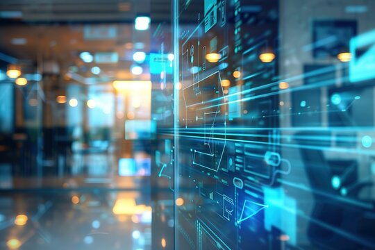 Digital data streams across a modern office backdrop.