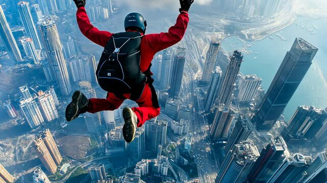 Experience the thrill of skydiving over stunning skyscrapers in a vibrant city