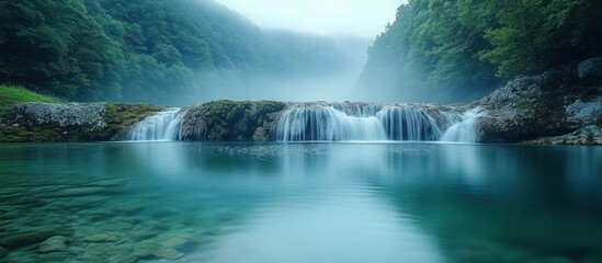 Serene waterfall cascading into a tranquil turquoise pool, nestled amidst lush green forest and morning mist.