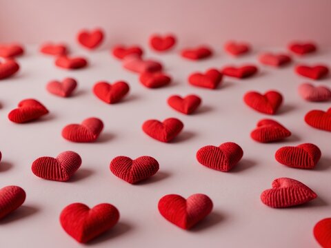 Handcrafted red hearts on a soft pink background with ample copy space for text overlay and creative designs. - Powered by Adobe
