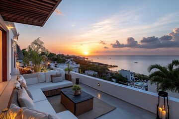 Fototapeta premium The picture reveals a sophisticated living area with plush seating, perfectly positioned to enjoy the vibrant colors of the sunset reflecting on the ocean waters.