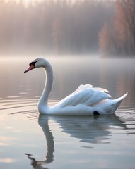 Fototapeta premium White swan gliding on still lake with pastel reflections and morning light.
