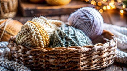 Obraz premium Yarn in basket, vibrant colors, cozy crafting area, artistic supplies setup