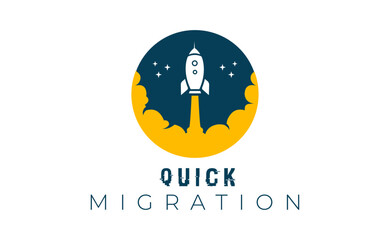 A logo featuring a rocket launch symbolizes speed and progress. The text "QUICK MIGRATION" emphasizes rapid transition, ideal for innovative and efficient solutions.
