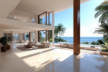 This modern living space features expansive windows allowing for sweeping views of the ocean,...