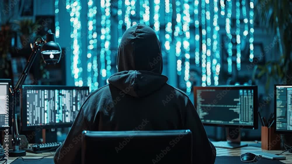 Leinwandbilder A hooded individual is intensely focused on several computer monitors, typing away in a dimly lit space adorned with glowing decorations. The atmosphere is charged with technology and secrecy.