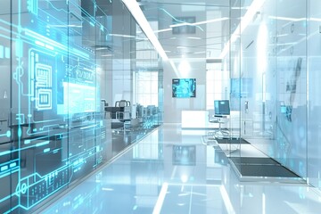 Modern office hallway with futuristic glass walls and digital displays.