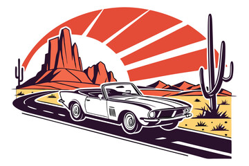 A retro vintage T-shirt design depicting a 1970s road trip along Route 66, with a classic convertible car and a desert background, rendered in a vibrant digital illustration inspired by the iconic wor