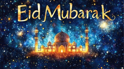 A glowing mosque against a starry night sky sets a festive mood. Ideal for Eid Mubarak greetings, social media posts, or website banners.