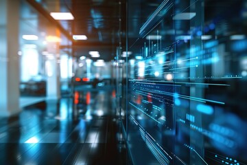 Digital data streams displayed on a large screen in a modern office hallway.