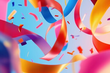 Fototapeta premium Colorful ribbons and confetti create a lively atmosphere for a cheerful sale event in a vibrant setting filled with bright tones