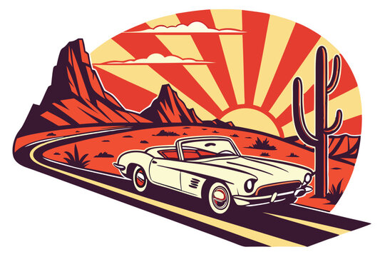 A retro vintage T-shirt design depicting a 1970s road trip along Route 66, with a classic convertible car and a desert background, rendered in a vibrant digital illustration inspired by the iconic wor
