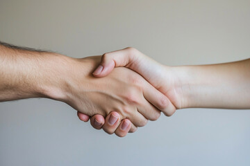 Two co-workers of different races in formal attire shake hands after reaching an agreement in a discussion. Minimalist office atmosphere with golden hour ambience