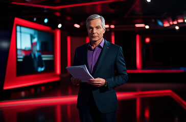 A news anchor stands confidently in a contemporary studio, holding a stack of papers