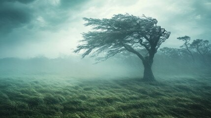 Obraz premium Solitary tree standing tall and resilient amidst the swirling winds and ominous clouds of a dramatic stormy countryside landscape The eerie ethereal scene evokes a sense of solitude wonder