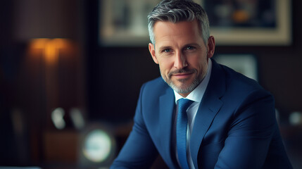 Fototapeta premium A well-groomed man in a dark suit and tie sits confidently at a desk in a contemporary office