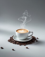 Obraz premium Steaming Latte Cup on Gray Backdrop with Coffee Beans.