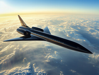 private luxury jet soared gracefully through vibrant morning sky with wide-angle view of sun-kissed clouds below, offering a panoramic view of world awakening to a new day sunrise