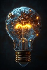 A conceptual image of a lightbulb made up of interconnected gears and circuits, symbolizing innovative ideas and technology. The lightbulb emits a soft glow against a dark gradient background.