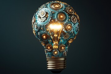 A conceptual image of a lightbulb made up of interconnected gears and circuits, symbolizing innovative ideas and technology. The lightbulb emits a soft glow against a dark gradient background.