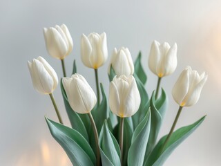 Fresh White Tulips with Green Leaves on Soft Background Perfect for Spring Decor.